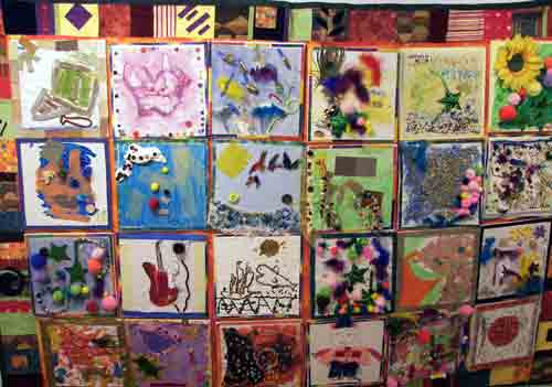 Quilt patches created by visually impaired students from the St. Lucy Day School.